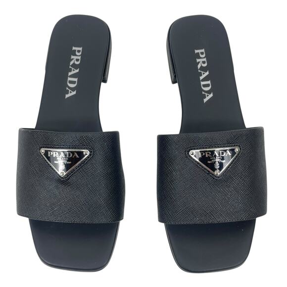 Prada Saffiano Triangle Logo Plaque Slide Flat Sandal Black Size 36.5 - Picture 3 of 11